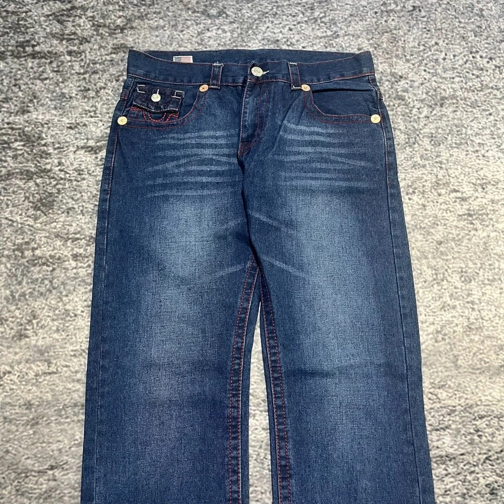 True Religion Straight Jeans Mens 38x34 Blue Red Stitched Logo‎ Flap Pockets Y2K